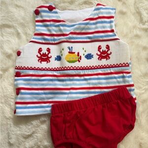 Smocked Nautical Kids Outfit with Red Shorts